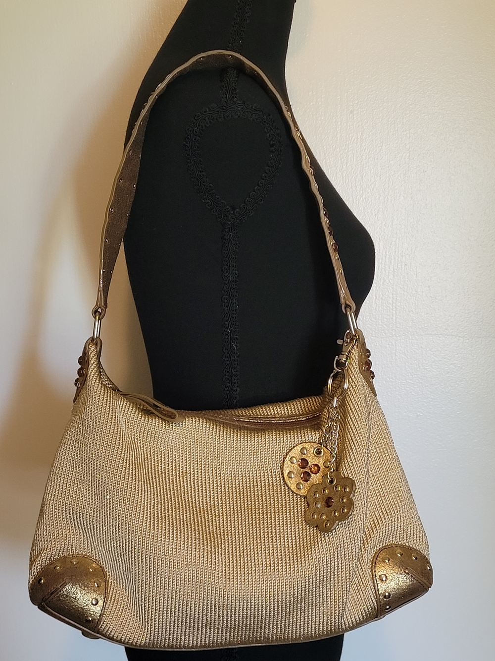 The Sak Metallic Gold Woven Hobo Shoulder Bag Studded Rhinestone Embellished